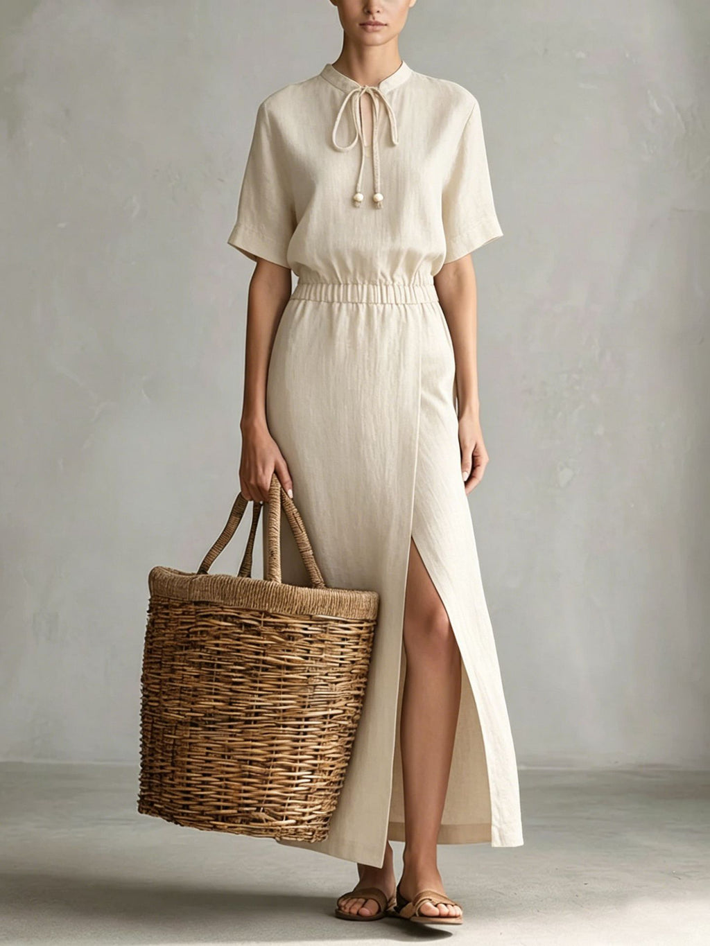 Robe midi nœud au col – Élégance intemporelle