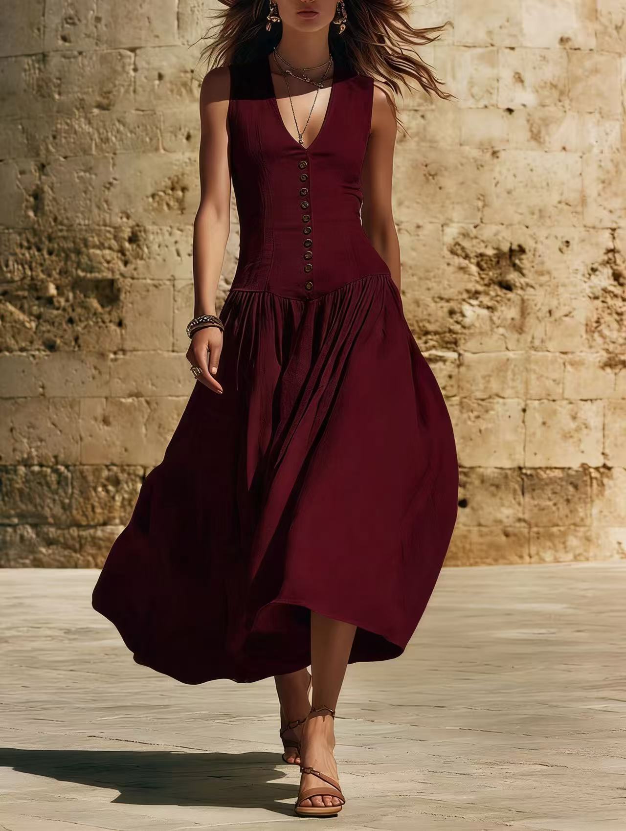 Asymmetrical V-neck long dress, linen and cotton