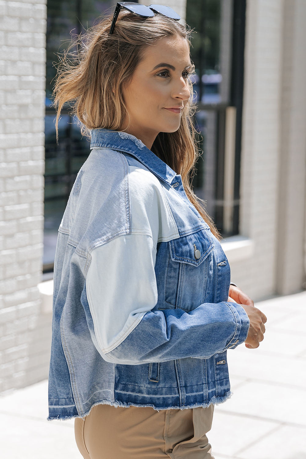 Veste en denim élégante avec patchwork et ourlet effiloché - Automne Femmes