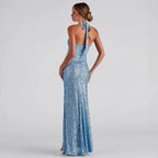 Robe longue pailletée col halter bleu émeraude
