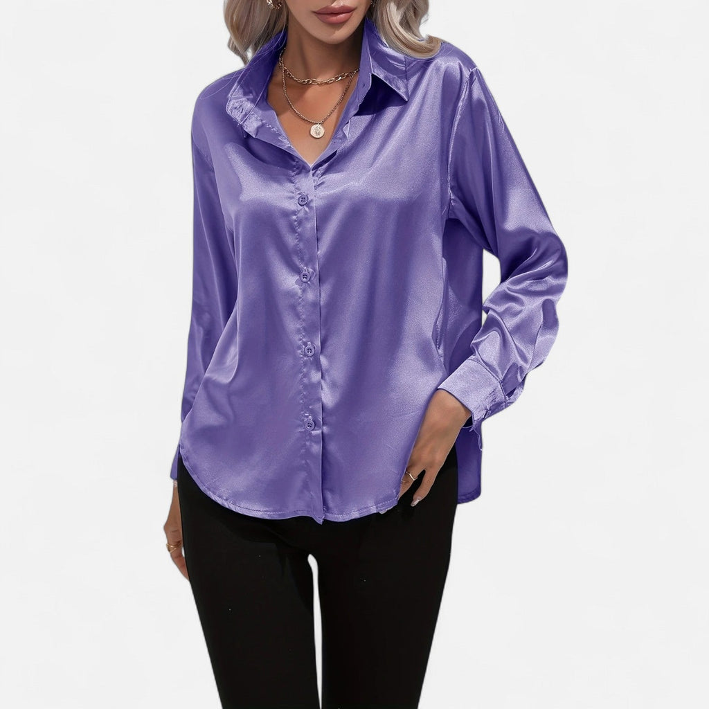 Chemisier boutonné en satin pour femme – Chemise classique à manches longues et revers