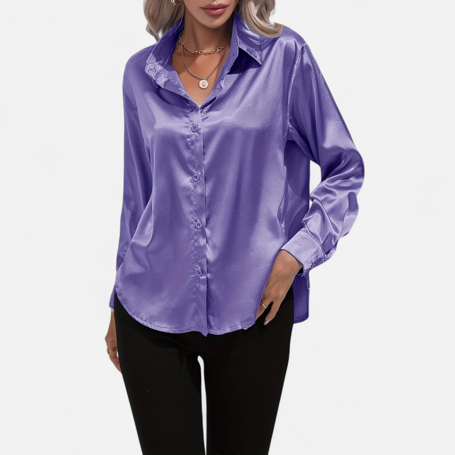 Chemisier boutonné en satin pour femme – Chemise classique à manches longues et revers