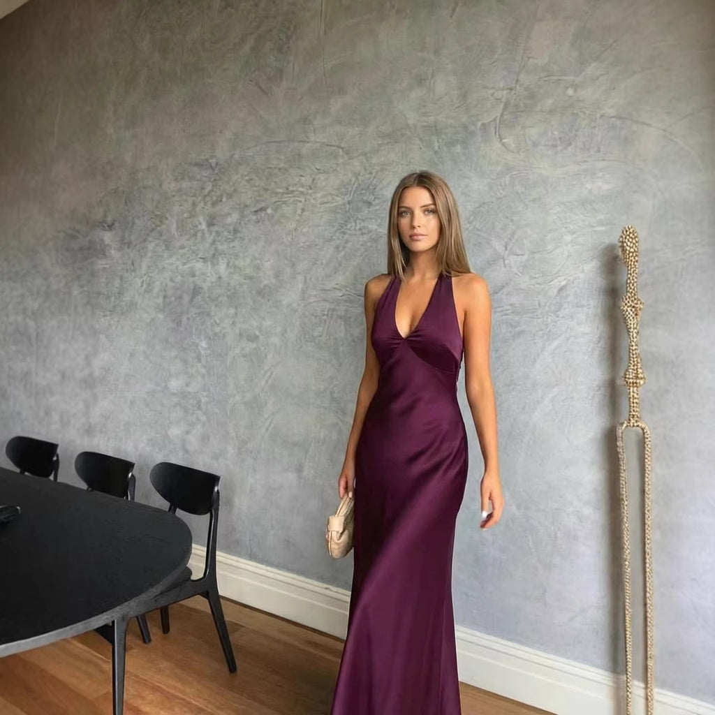 Robe longue satin dos nu à noeuds