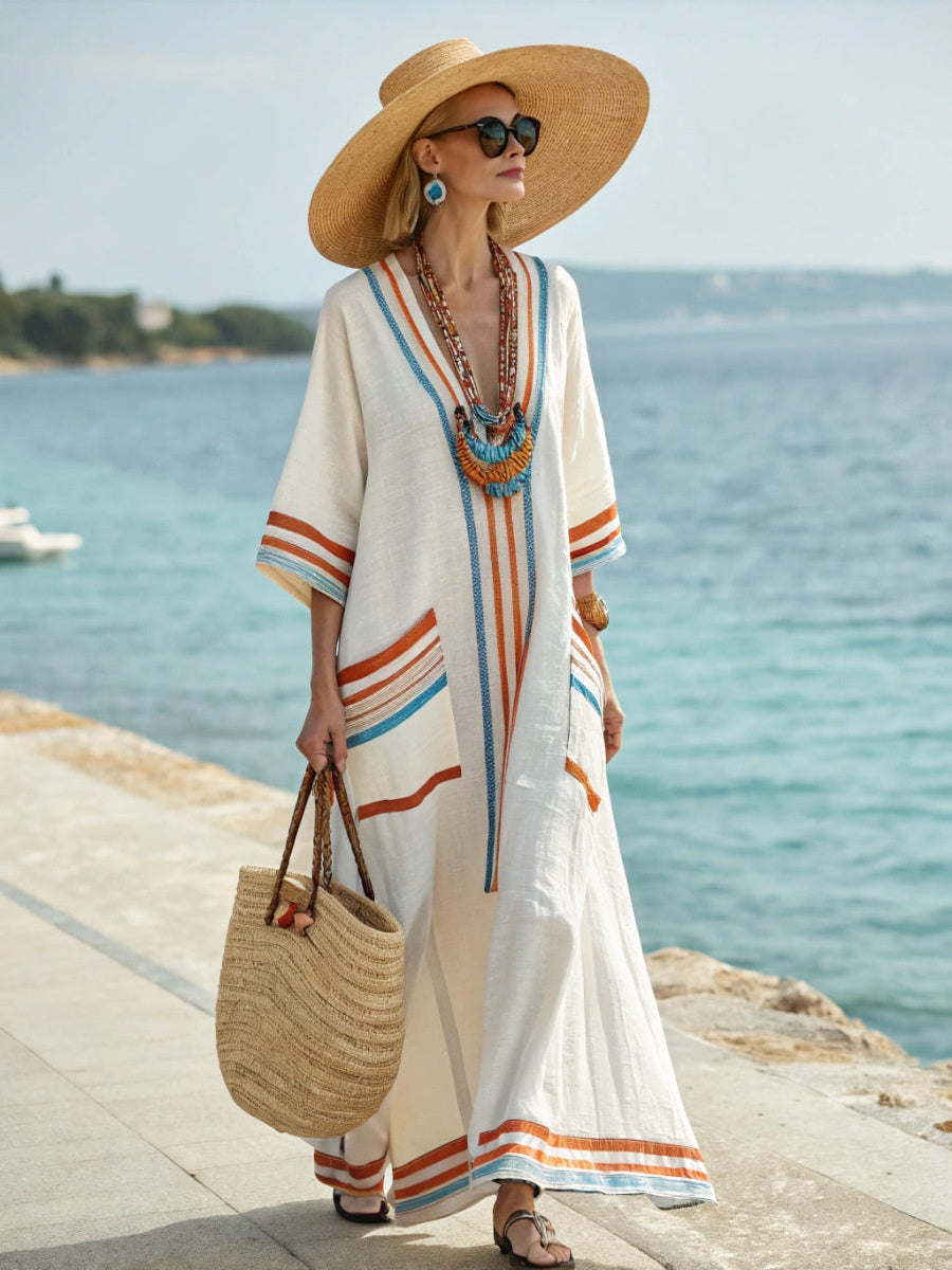 Robe Kaftan Imprimée Floral — Manches 3/4 et Poche Cargo