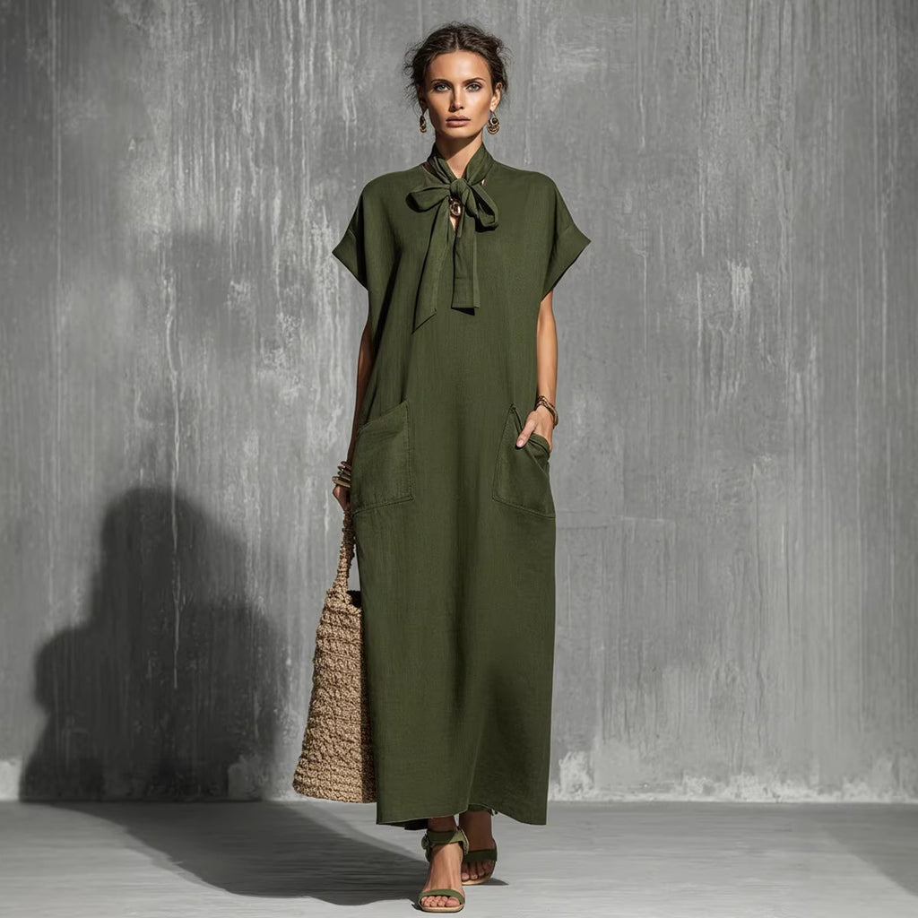 Robe longue vert militaire lin-coton à ceinture