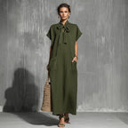 Robe longue vert militaire lin-coton à ceinture