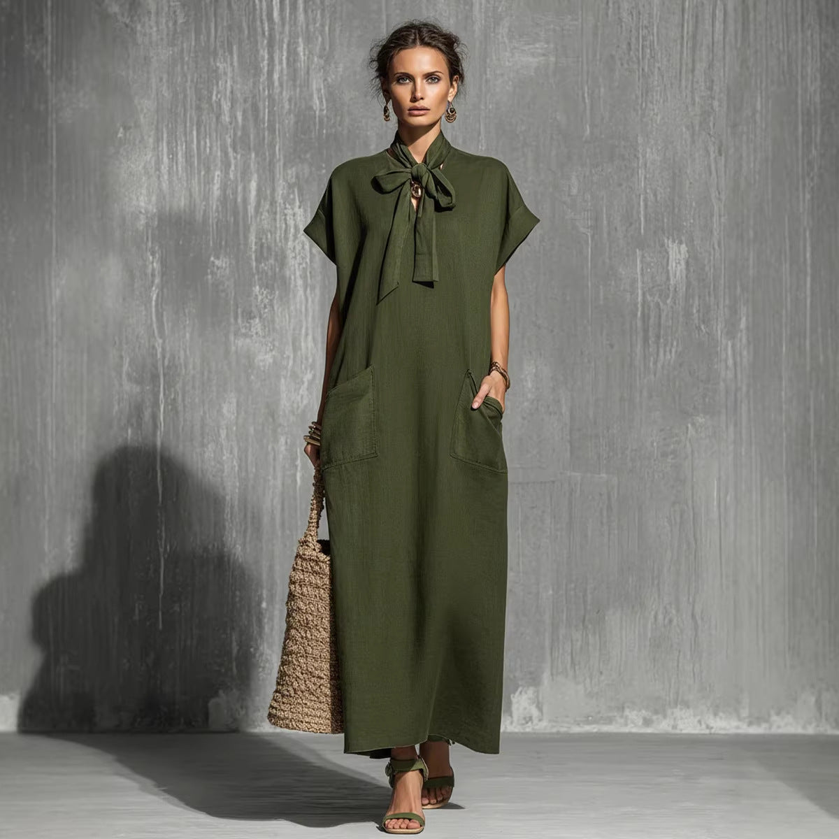 Robe longue vert militaire lin-coton à ceinture