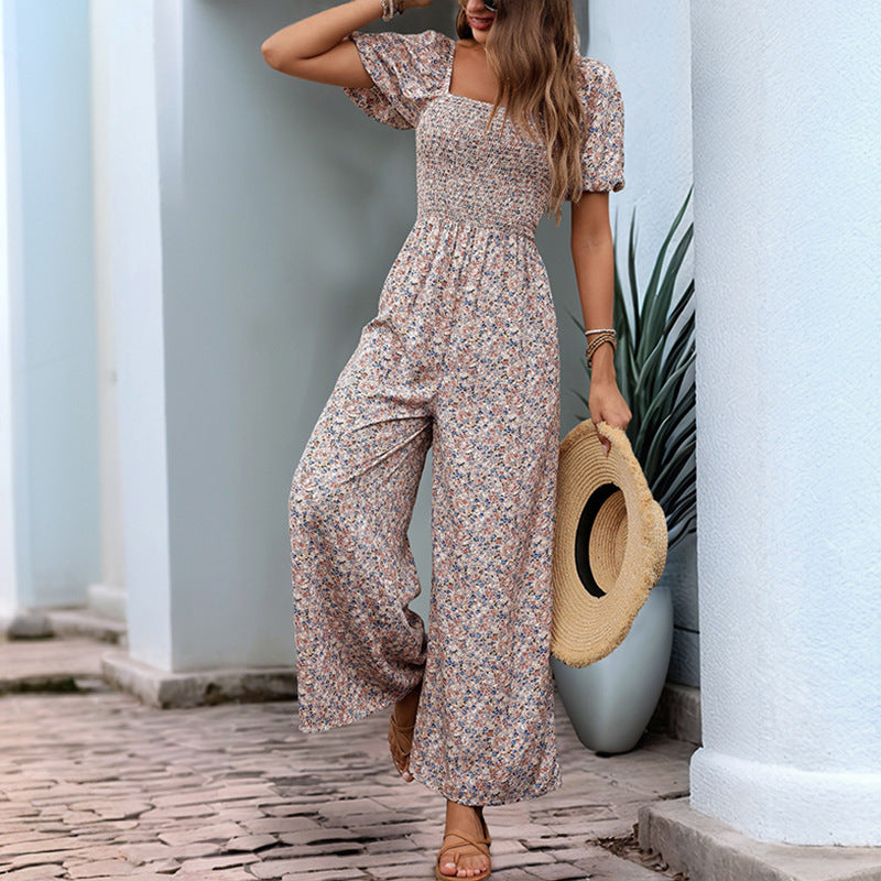 Floral Square Neck Puff Sleeve Jumpsuit