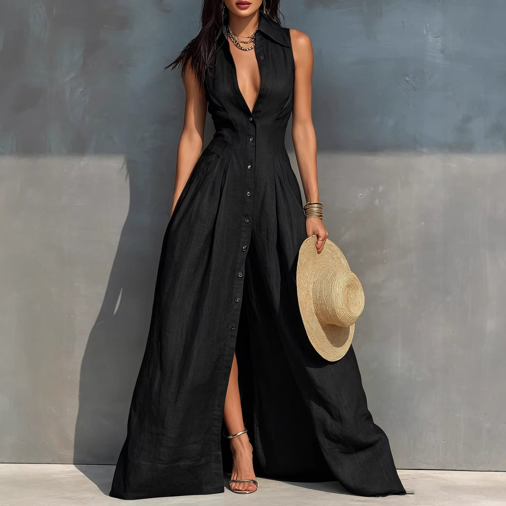 Robe chemise sans manches à taille haute