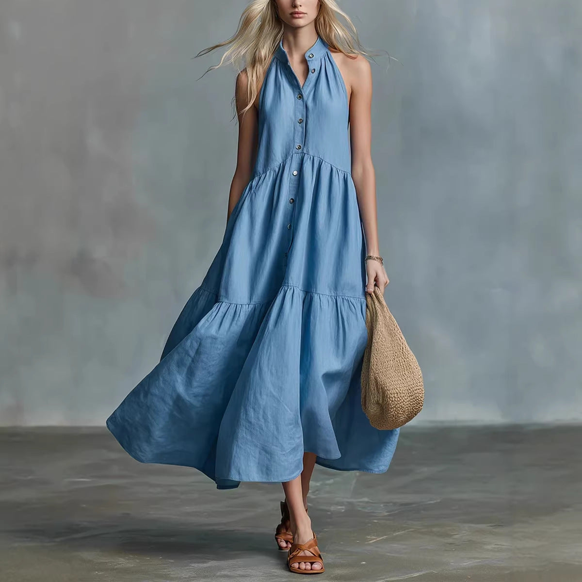 Robe-chemise lin et coton, coupe ample sans manches