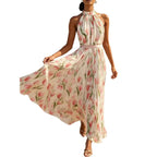 Flowy halter-neck wrap dress with floral print