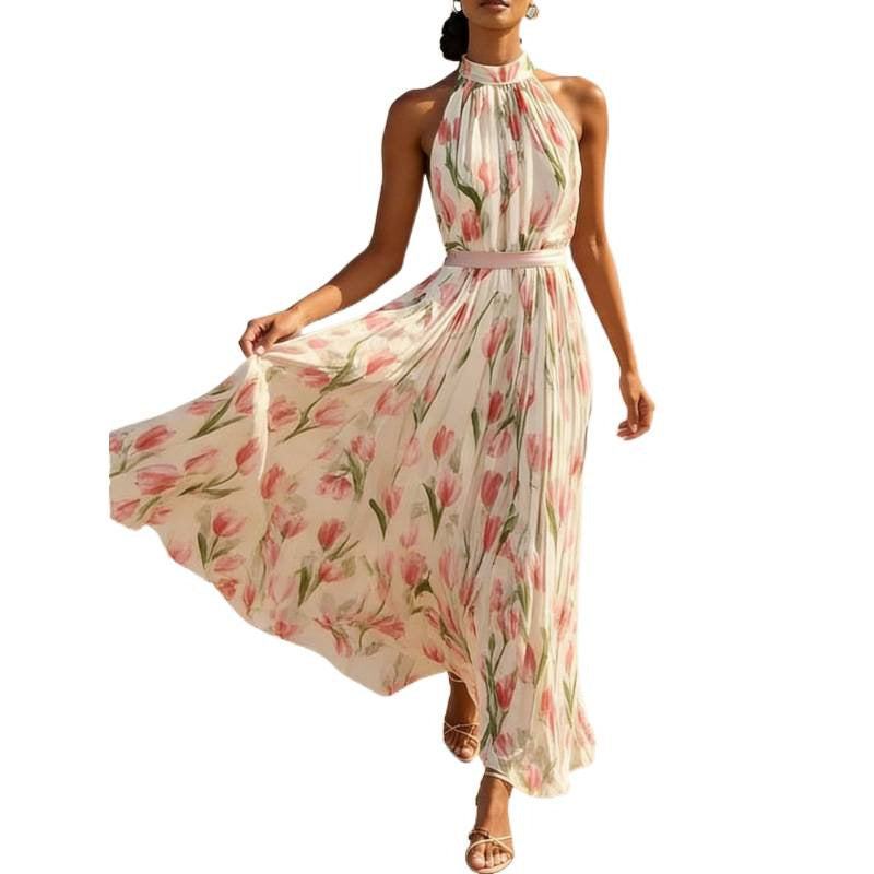 Flowy halter-neck wrap dress with floral print