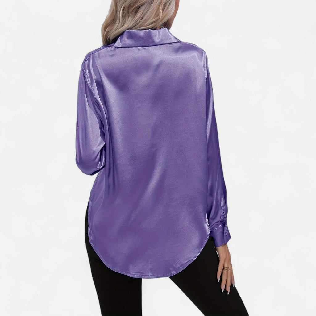 Chemisier boutonné en satin pour femme – Chemise classique à manches longues et revers