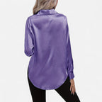 Chemisier boutonné en satin pour femme – Chemise classique à manches longues et revers