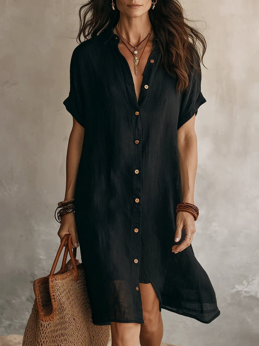 Robe midi unie à manches courtes et boutons