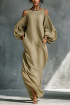 Robe midi épaules dénudées, manches longues et ourlet asymétrique