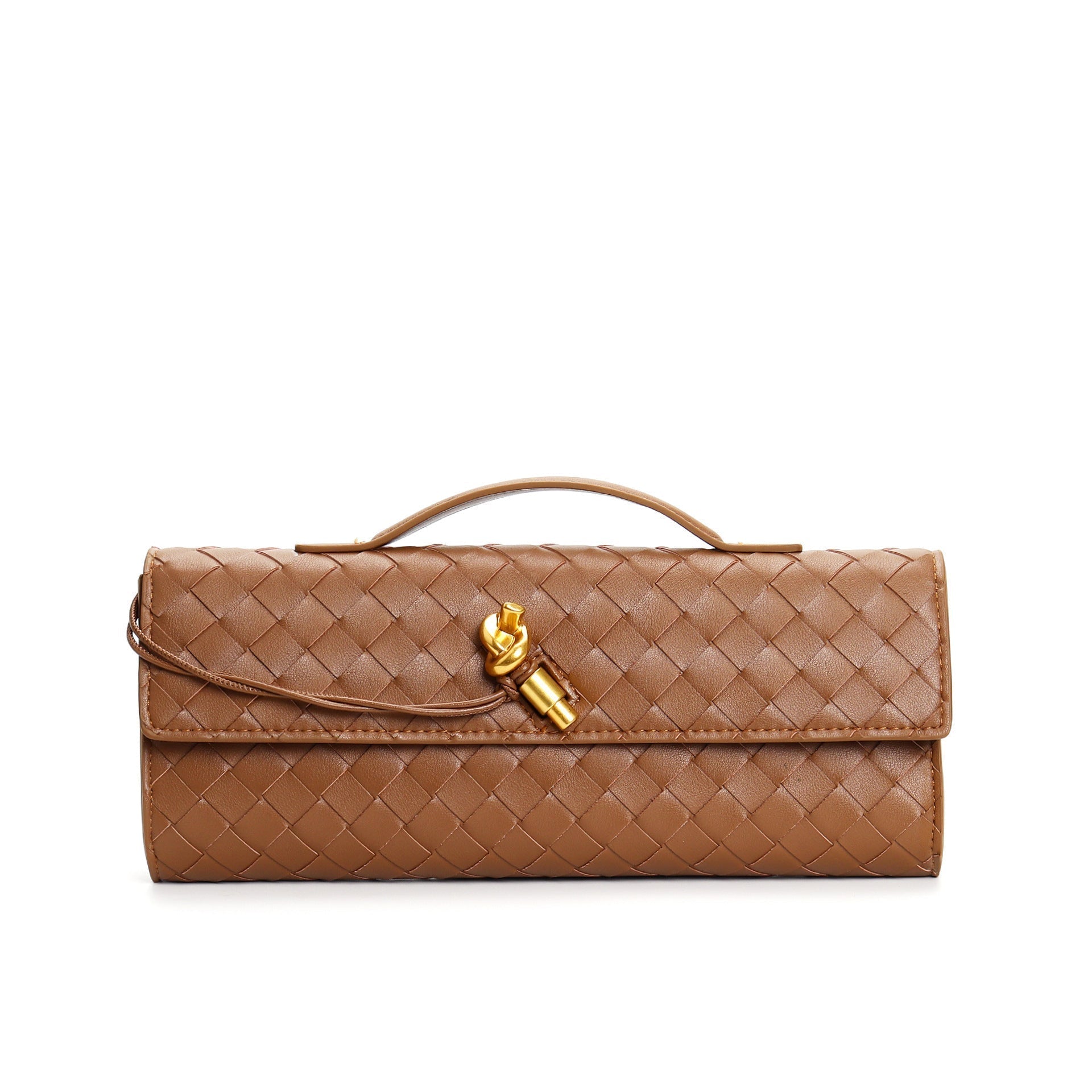 Sac à main en cuir marron tressé avec fermoir doré, design élégant et moderne. Accessoire de mode tendance pour femme.