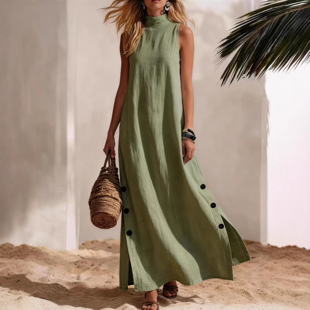 Robe lin-coton sans manches, coupe droite et fentes latérales