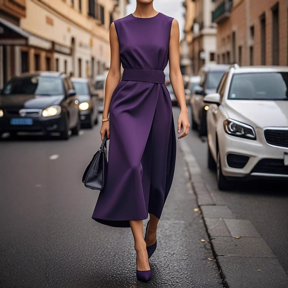 Robe longue irrégulière sans manches avec ceinture