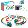 Train domino automatique pour enfants, jouet éducatif avec locomotive bleue, dominos colorés, cactus et rails. Idéal pour 3 ans et plus.