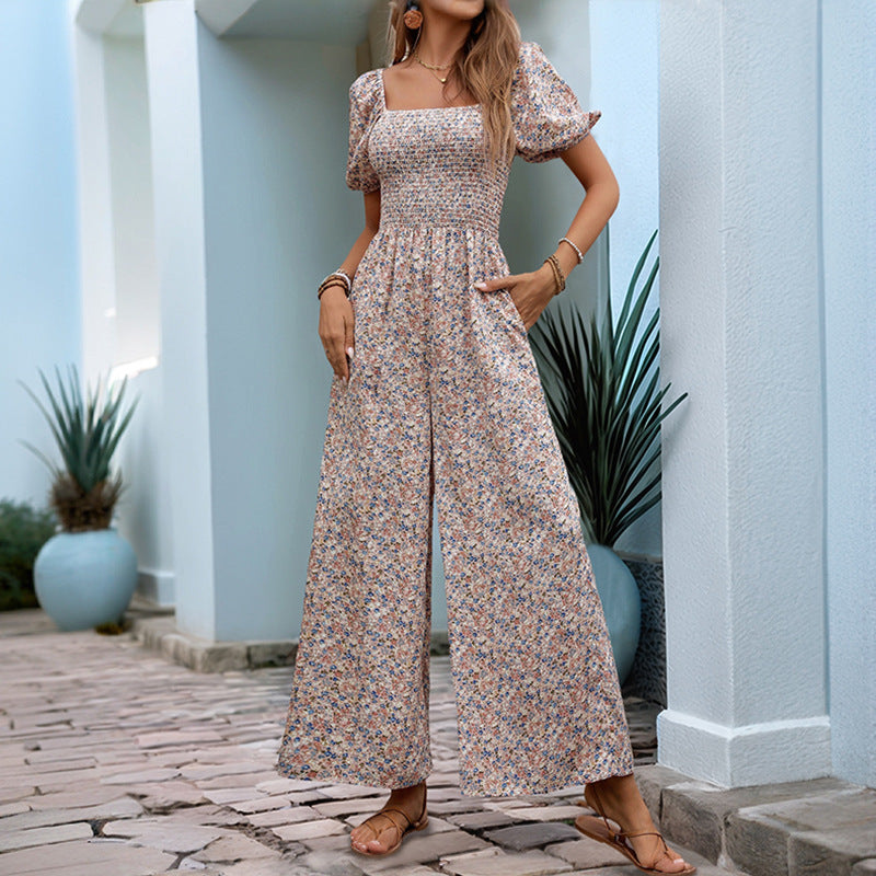 Floral Square Neck Puff Sleeve Jumpsuit
