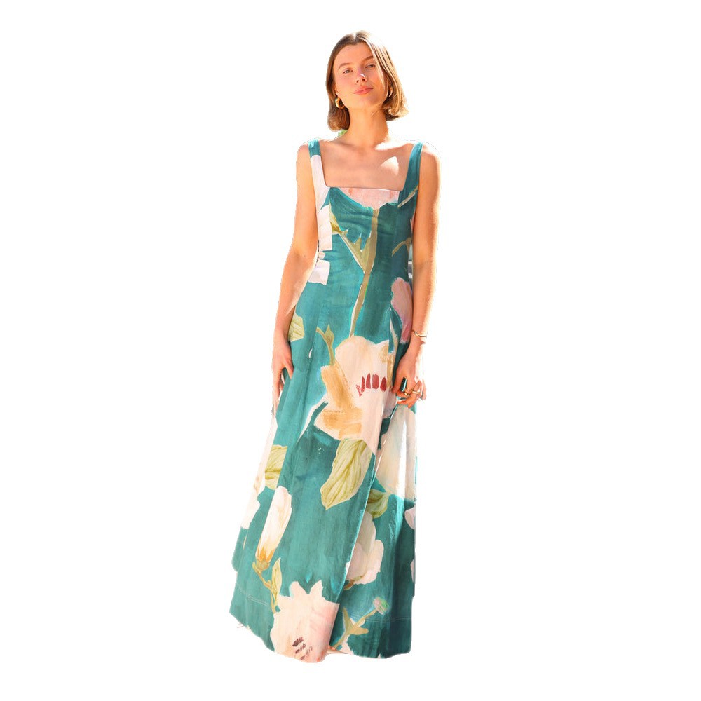 Robe Maxi Imprimée à Taille Marquée
