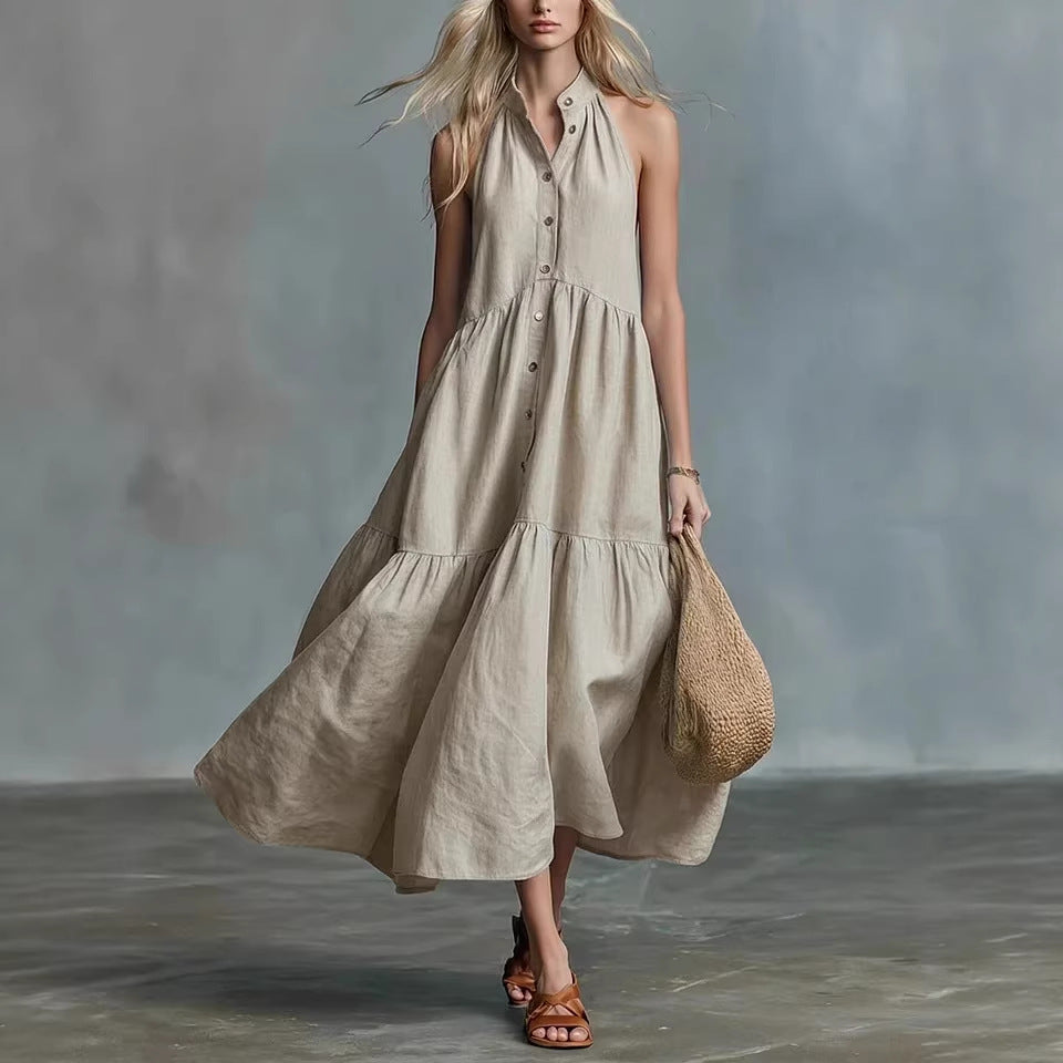 Robe-chemise lin et coton, coupe ample sans manches
