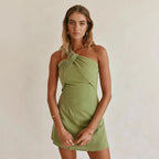 Robe mini coton pur col noué dos nu