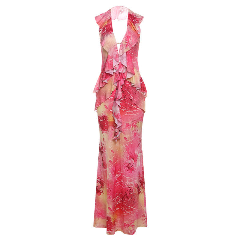 Robe longue décolleté licou dos nu à imprimé - Chic&Shines