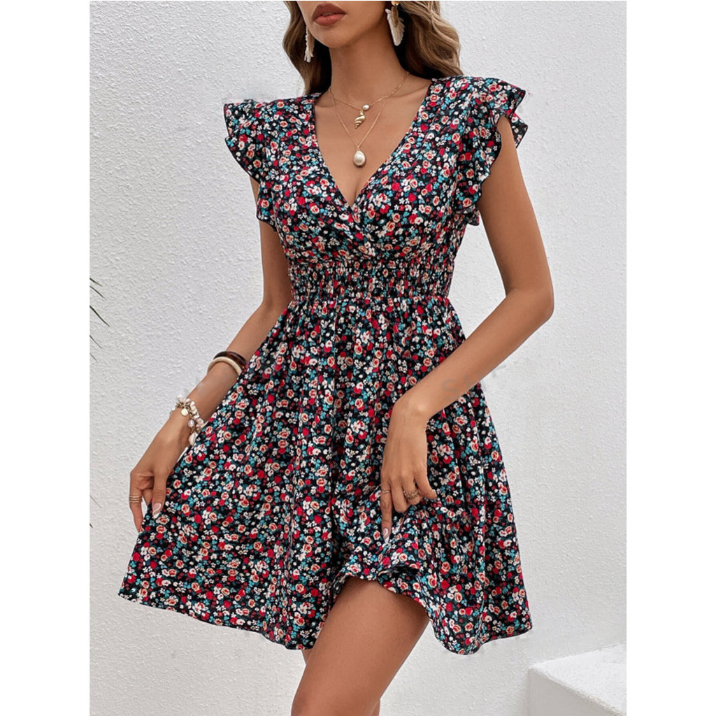 Robe courte à fleurs et volants, taille haute