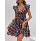 Robe courte à fleurs et volants, taille haute
