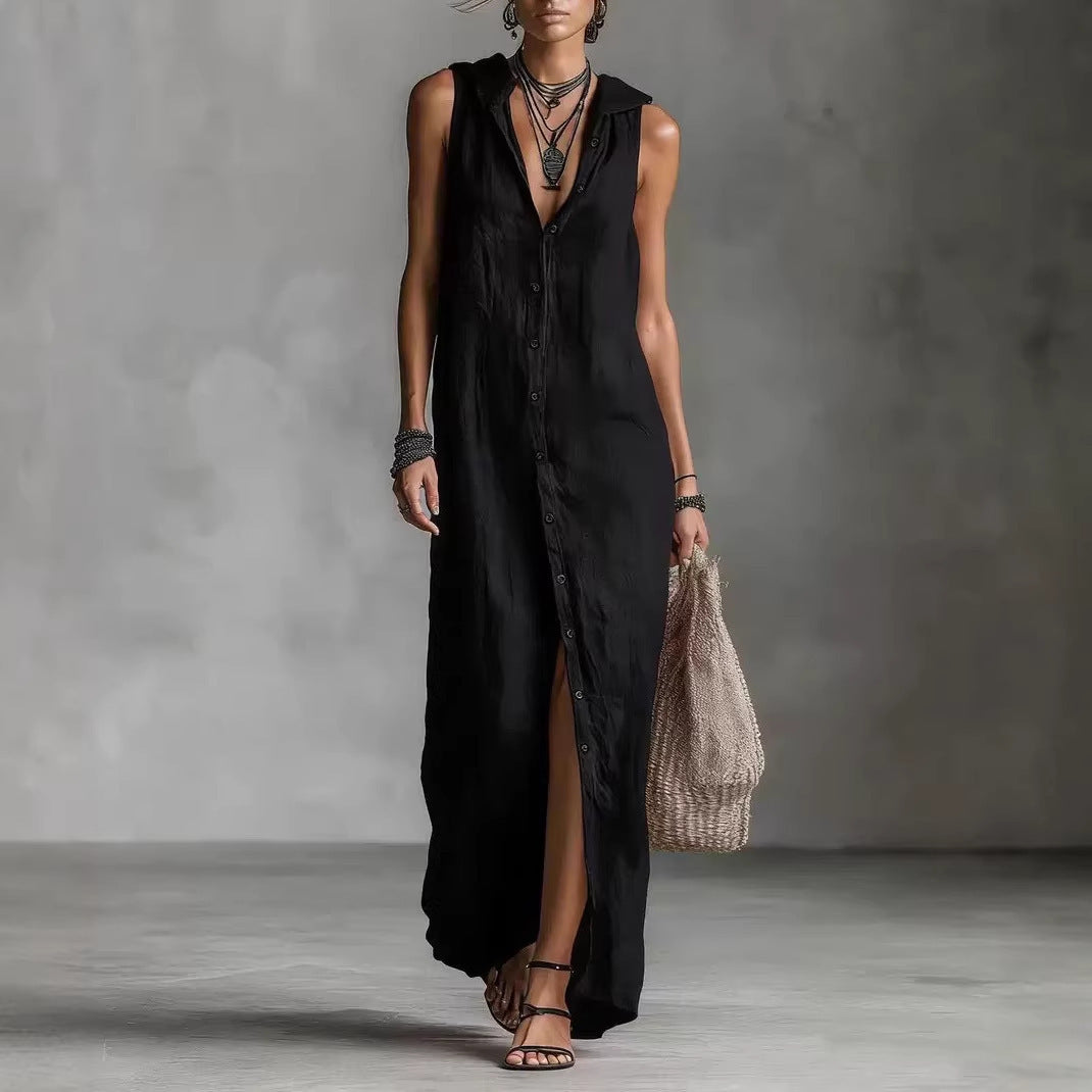 Robe longue sans manches à capuche et patte de boutonnage