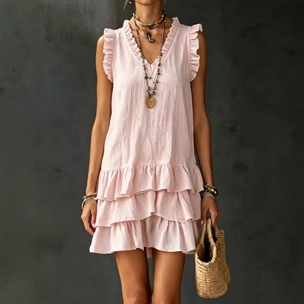 Robe fluide col V volants - Coupe ample midi