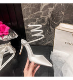 Stiletto heeled rhinestone strap pumps
