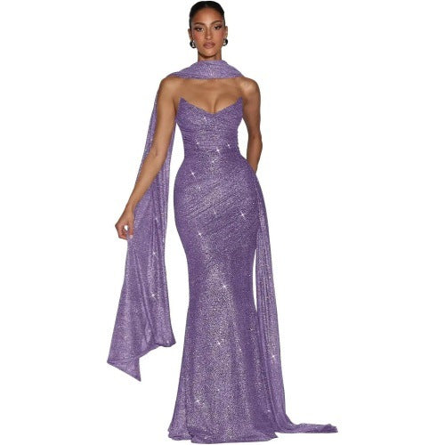 Sequin evening dress with side slit