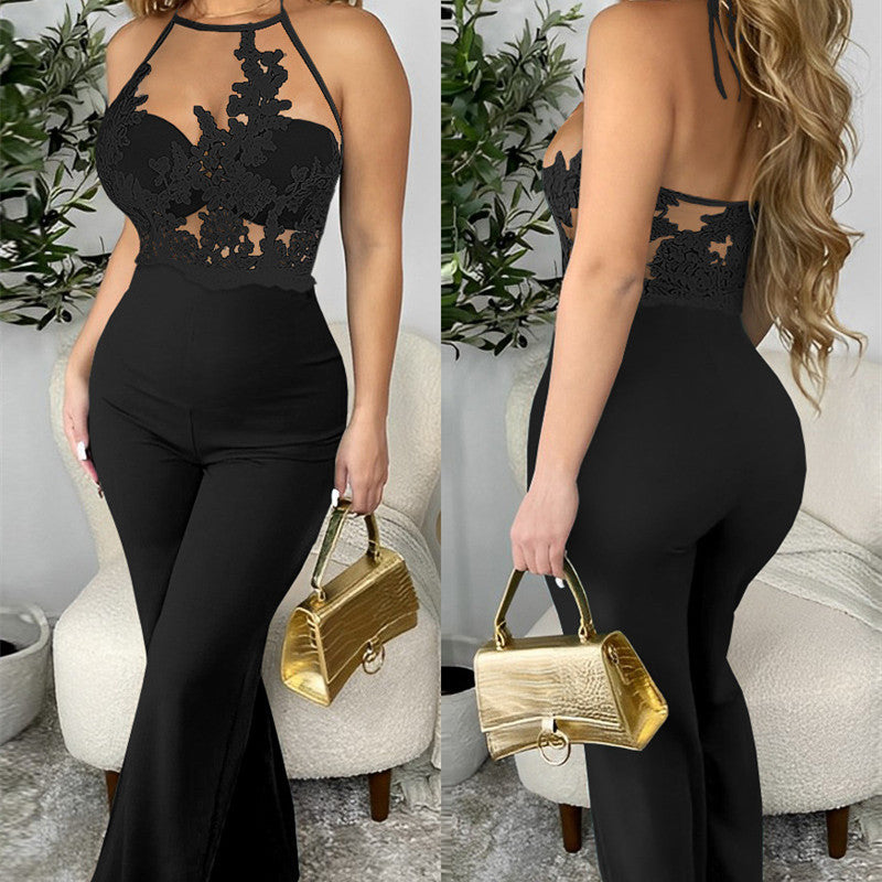 Combinaison pantalon moulant licou maille transparent - Chic&Shines