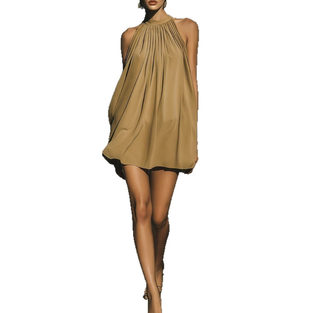 High-neck backless mini dress — Color-block design