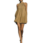 High-neck backless mini dress — Color-block design