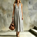 Robe lin-coton col V, ceinture, sans manches