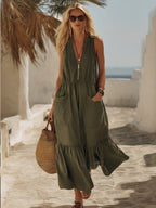 Robe Rétro Col V Poches et Manches Bouffantes