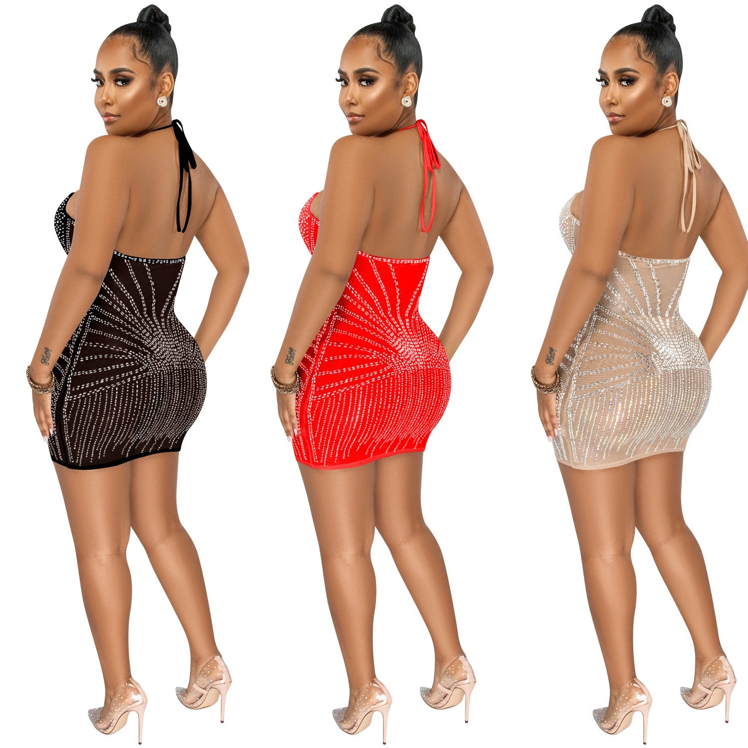 Robe courte dos nu en résille strass