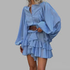 Robe longue manches froncées couleur unie