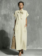 Robe longue vert militaire lin-coton à ceinture