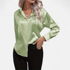 Chemisier boutonné en satin pour femme – Chemise classique à manches longues et revers
