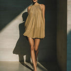 High-neck backless mini dress — Color-block design