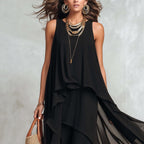 Asymmetric black sleeveless maxi dress