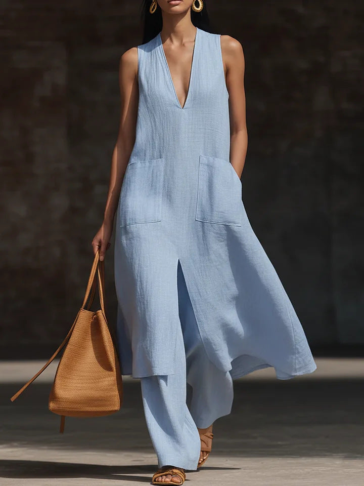 Robe lin col V sans manches — Élégance minimaliste