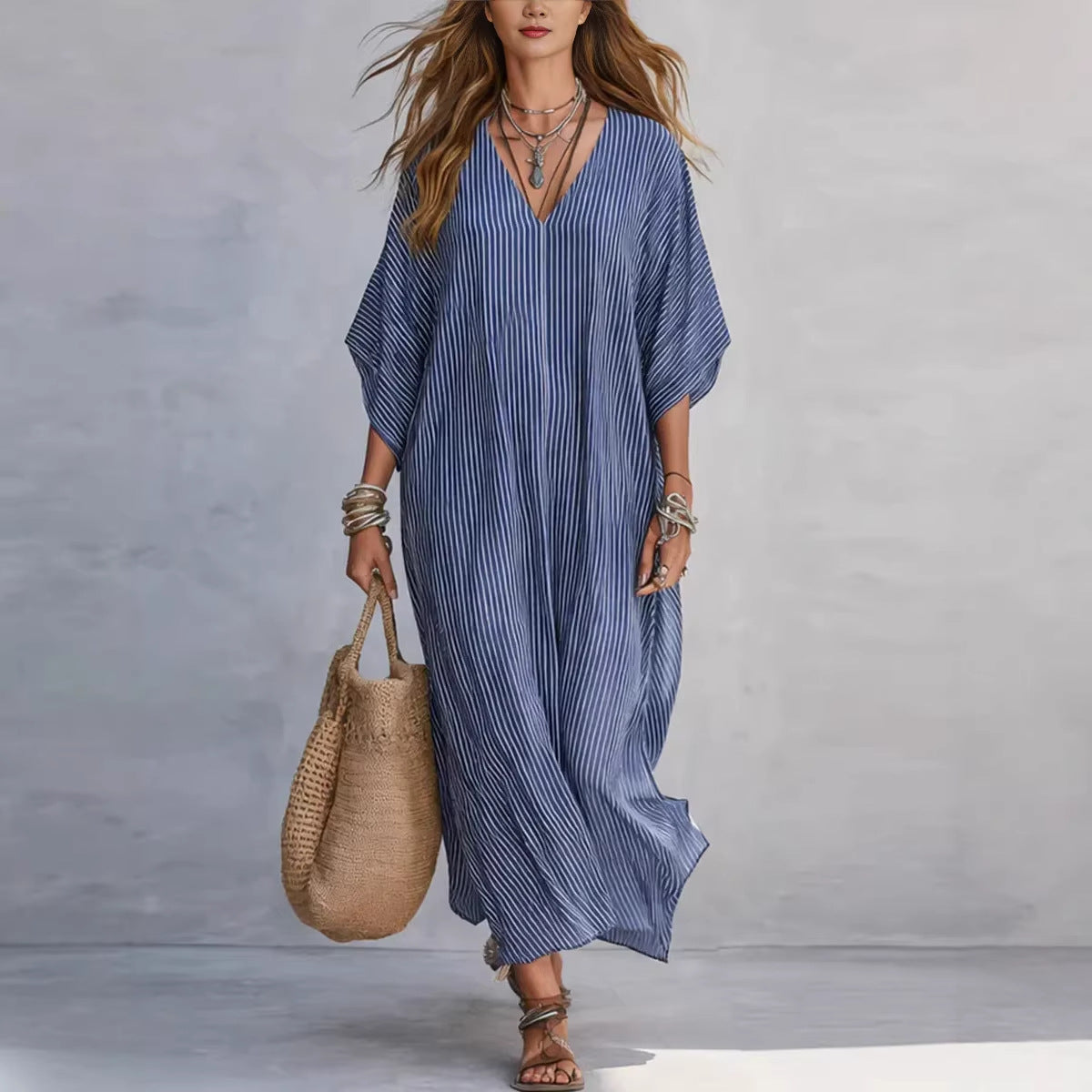 Robe longue rayée col V - Coupe ample et confortable
