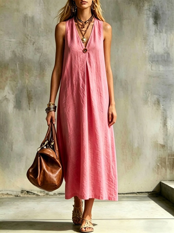 Robe lin-coton col V, ceinture, sans manches