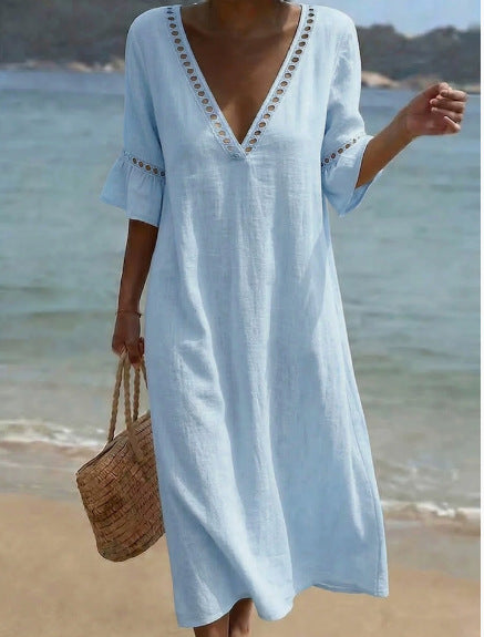 Robe lin coton col V loose fit élégante